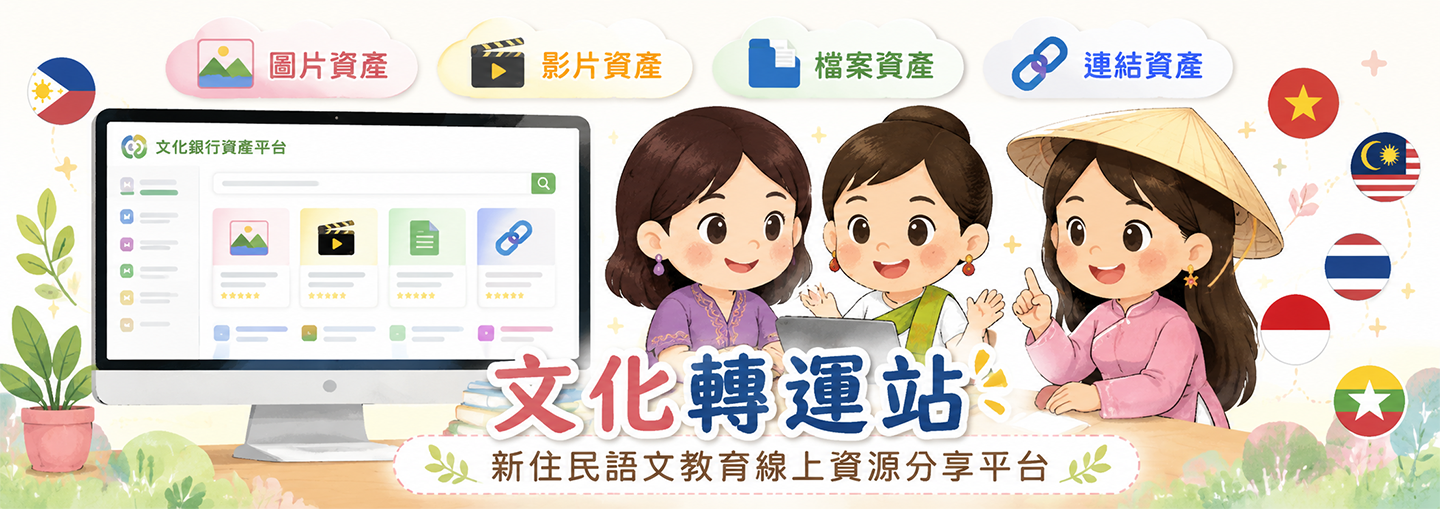 文化轉運站新住民語文教育線上資源分享平台，提供圖片、影片、檔案與連結等文化資產瀏覽服務。